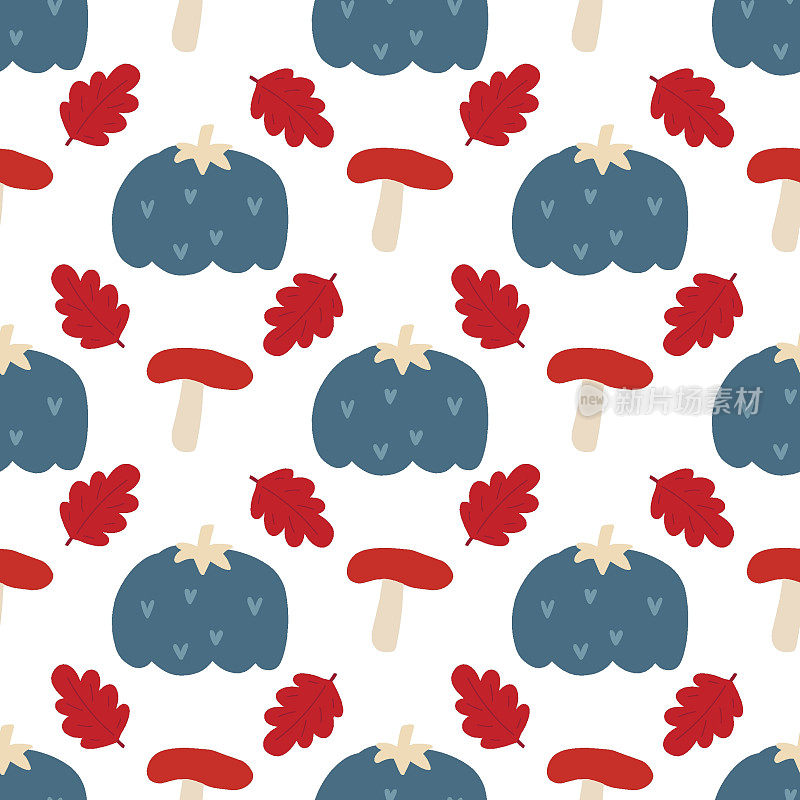 南瓜矢量图案。秋日农家乐天衣无缝的背景。感恩节蓝南瓜，红叶和红蘑菇