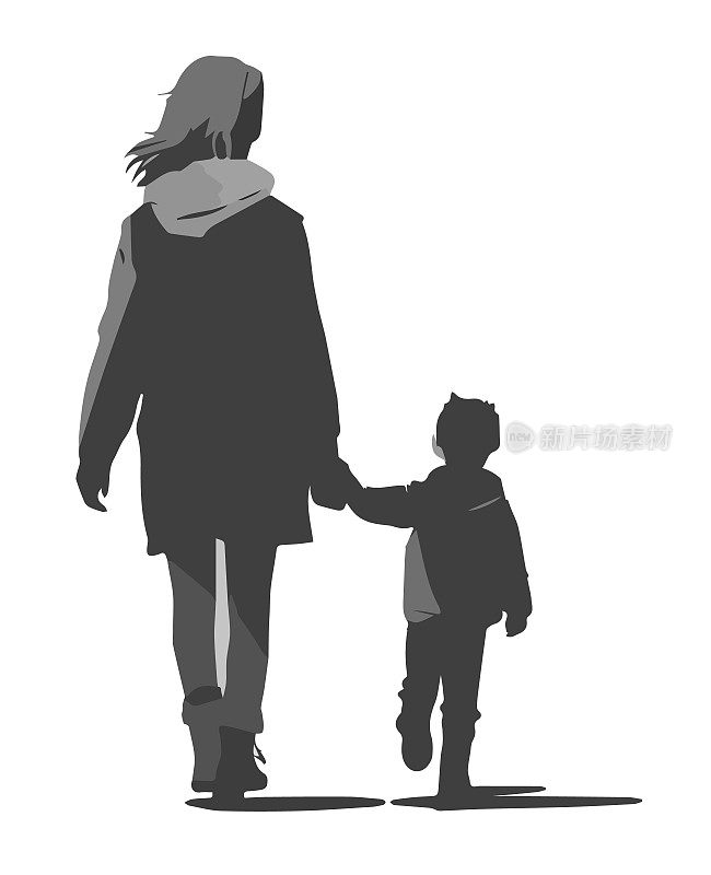 母亲与她的小儿子手牵手散步的背影。矢量剪影，不认识的女人和孩子一起走。