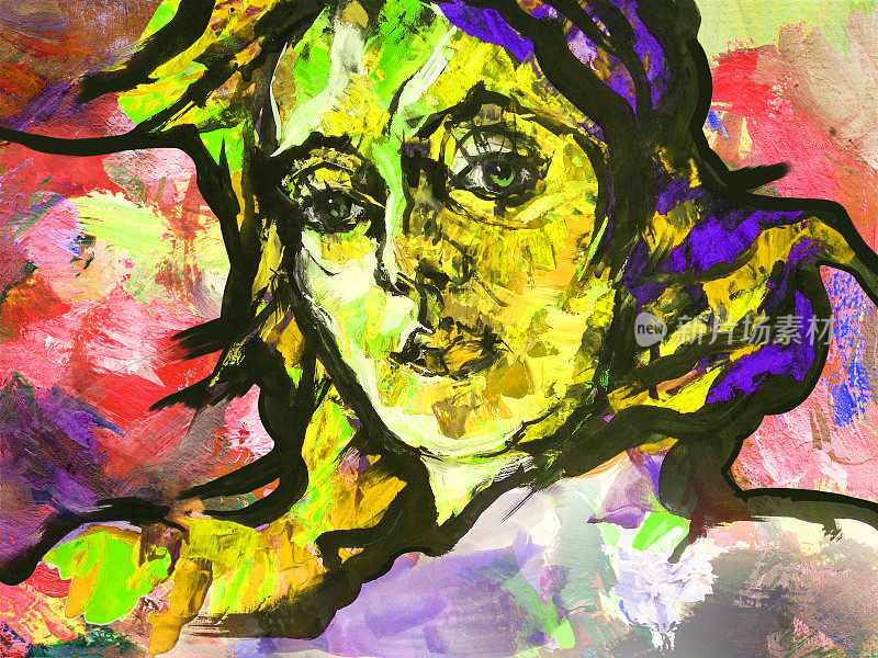 插图油画肖像的年轻女子与飘扬的头发对一个明亮的颜色在红色尺度的空地背景