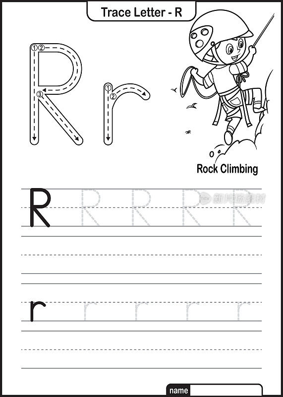 字母跟踪字母A到Z学龄前工作表与字母R攀岩亲矢量
