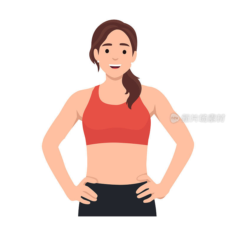 年轻女子与健美的身体在健身套装或运动胸罩与她的手在臀部。平面矢量插图孤立在白色背景上