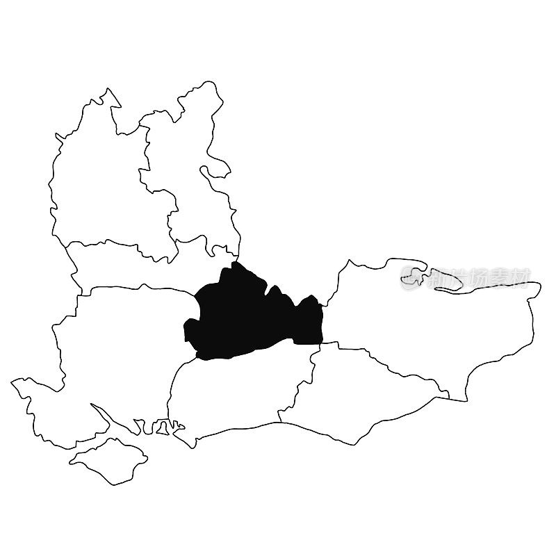 英格兰东南部萨里省的白色背景地图。在英格兰东南部的行政地图上，单个县的地图以黑色突出显示。