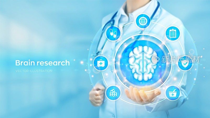 大脑研究。神经学。医生手持人脑全息图与虚拟屏幕上的医学图标网络连接。科学和医学领域的创新技术。矢量图