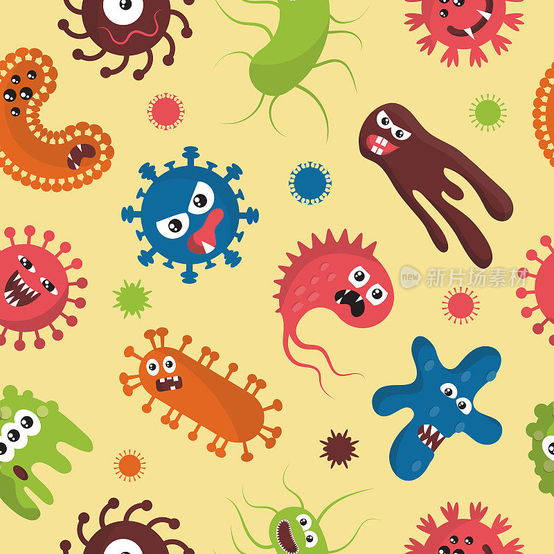 病毒细菌。有趣的细菌图案。新型冠状病毒流感漫画人物。微生物的面孔。快乐的病原体细胞。愤怒的冠状病毒怪物。载体无缝当前微生物学背景