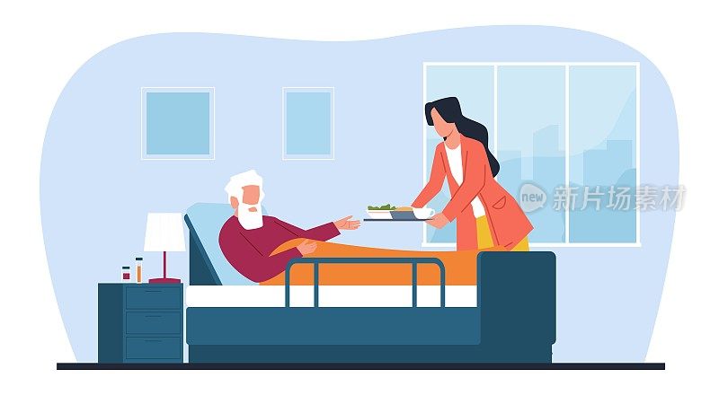 女护工给躺在床上的老人送饭，帮助残疾人做日常杂务。护士或志愿者帮忙。在诊所或临终关怀的病人。卡通平面孤立矢量概念