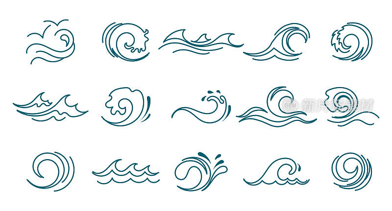 蔚蓝的大海波涛汹涌。线条图标，标志