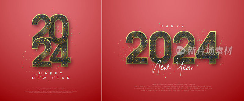 2024年新年快乐。奢华闪亮的金色半色调数字。为问候和快乐的新年2024庆祝的高级矢量设计。