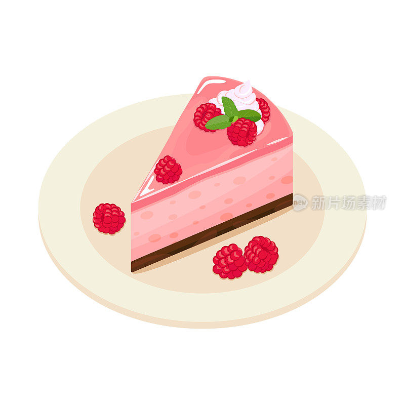 盘中美味的覆盆子芝士蛋糕。甜美的水果甜点，矢量插图。