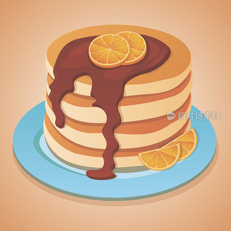 巧克力糖浆和橘子煎饼。矢量插图，卡通。美式传统早餐