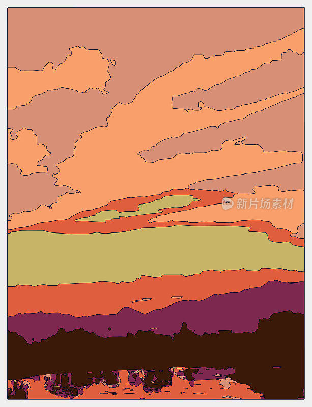 勾勒风格霓虹色彩超时空卡通户外场景,自然景观