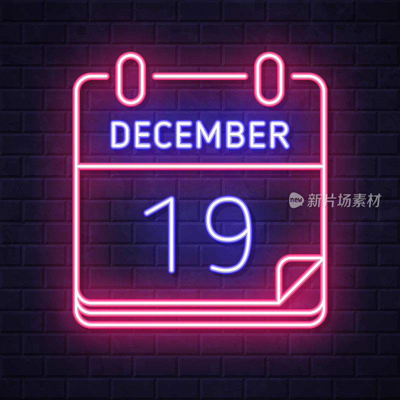 12月19日。在砖墙背景上发光的霓虹灯图标