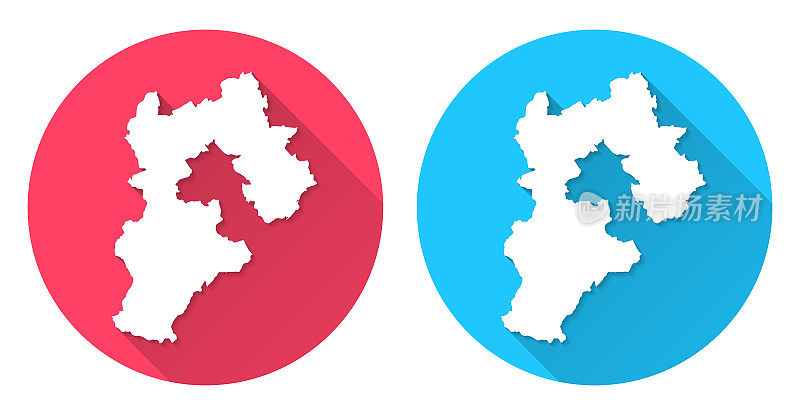 河北地图。圆形图标与长阴影在红色或蓝色的背景