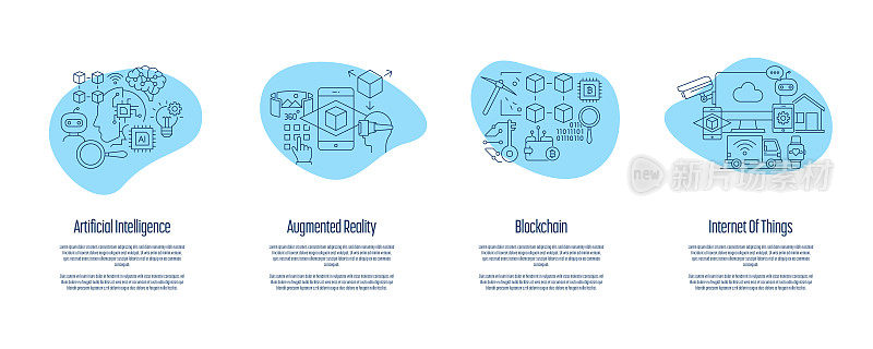 人工智能，增强现实，区块链，物联网入职应用程序屏幕矢量插图
