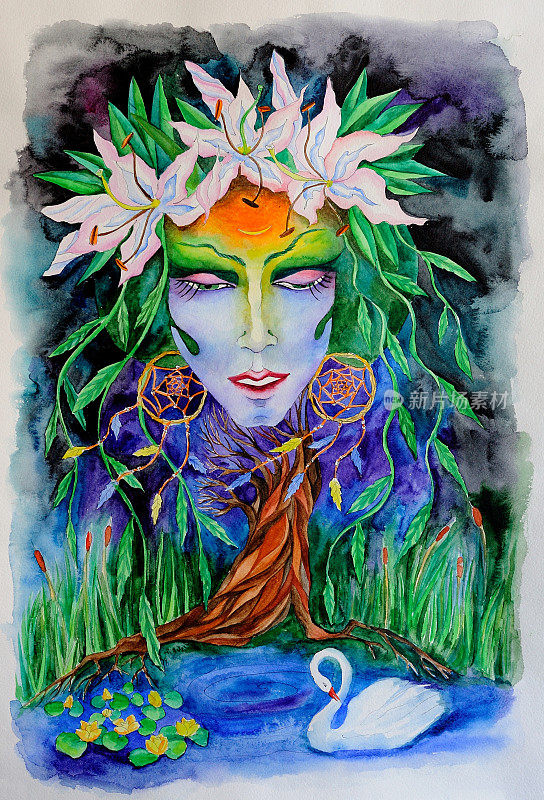 柳树森林女神。幻想水彩。