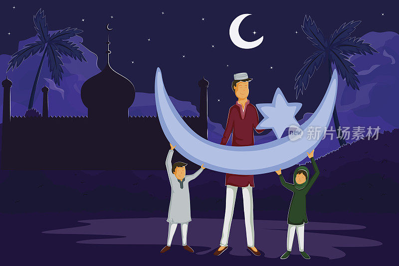 穆斯林家庭观看开斋节月亮