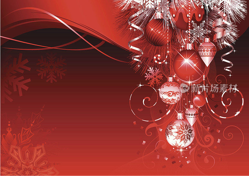 红色的圣诞背景与装饰品垂下来