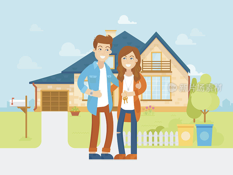 年轻人买了新房子矢量平面插图。幸福的家庭要搬进新家了。卡通人物的丈夫和妻子