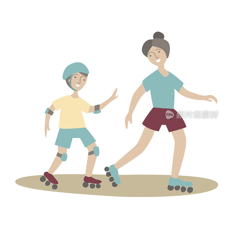 母亲和儿子穿着旱冰鞋。家庭运动和儿童体育活动，共同积极的娱乐活动。矢量插图在平面风格，孤立在白色。