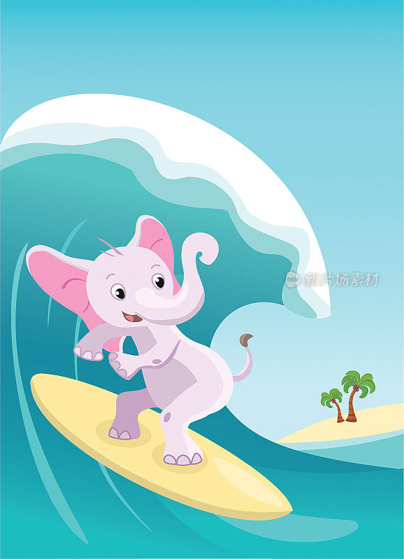 大象在海浪上冲浪。矢量插图。