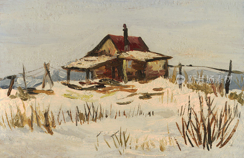 带房子的冬季景观。油画