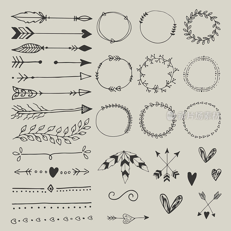 收集手绘婚礼设计元素，箭头，圆圈，边框心和羽毛。