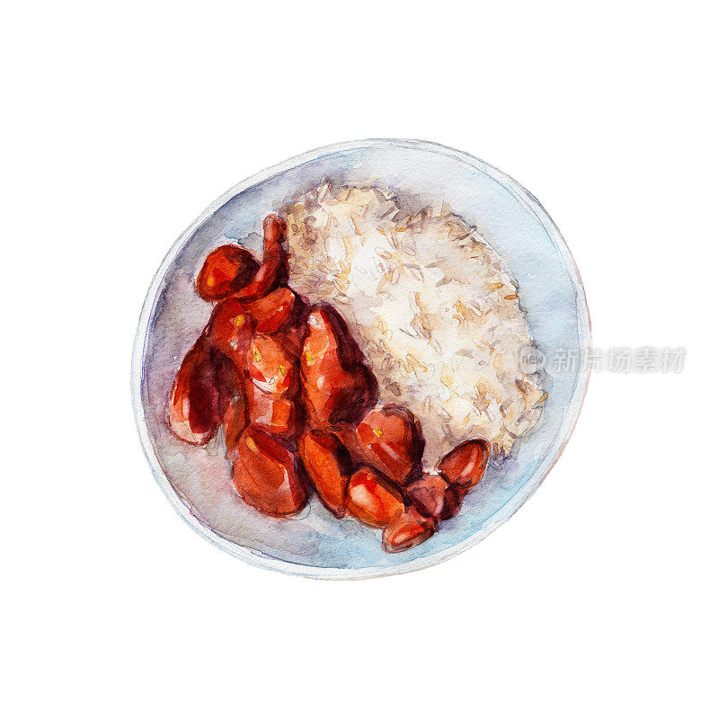 鸡红烧米饭，水彩插图孤立在白色背景。