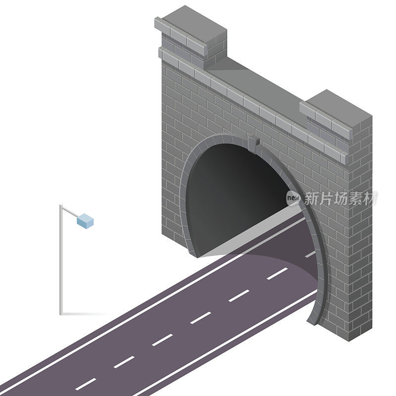 矢量低聚石隧道在等距三维透视与沥青路面。