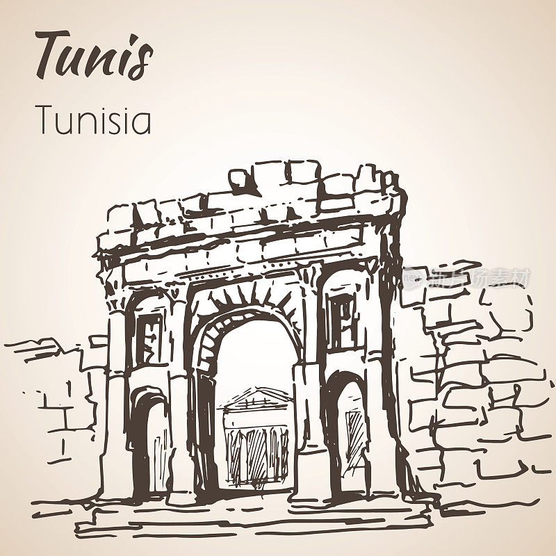 突尼斯老建筑草图。