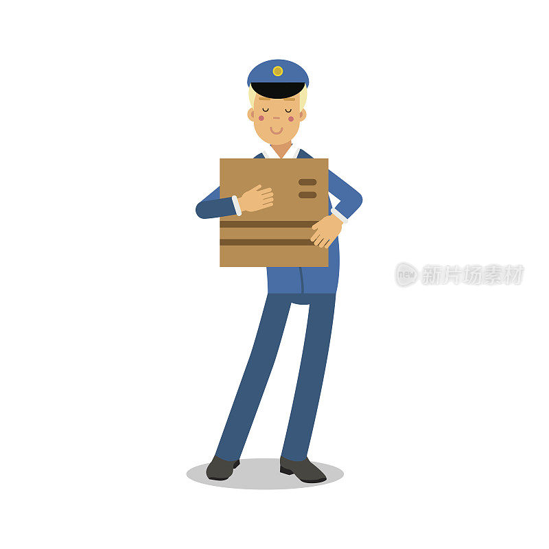 身穿蓝色制服的邮递员手捧卡通纸箱人物，快递邮件矢量插画