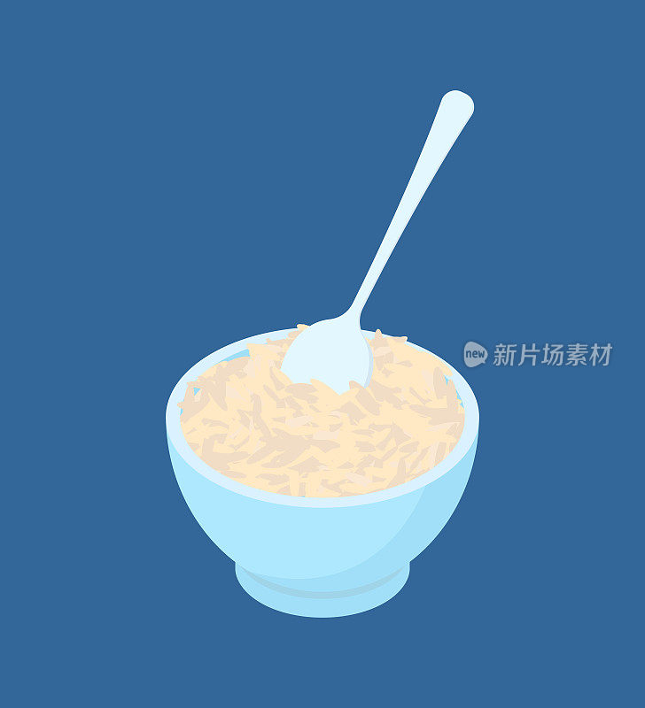 一碗煮熟的米粥和一勺分开。健康的早餐。矢量图