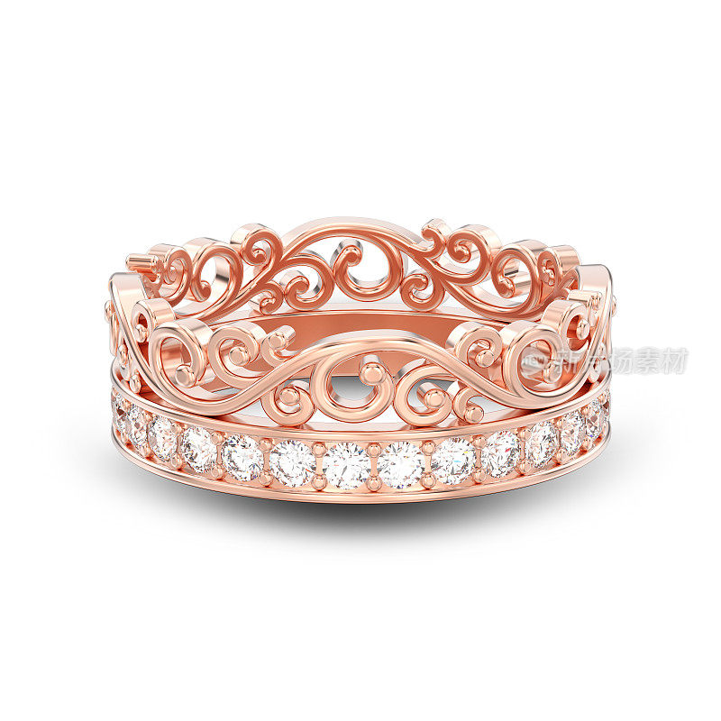 3D插图孤立玫瑰金装饰皇冠钻石戒指与阴影