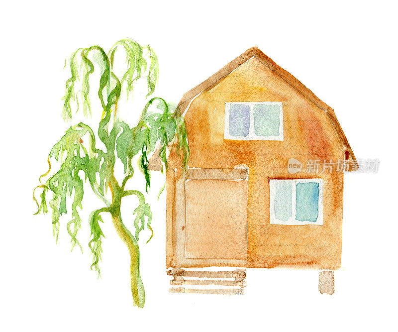 木屋和柳树的水彩素描