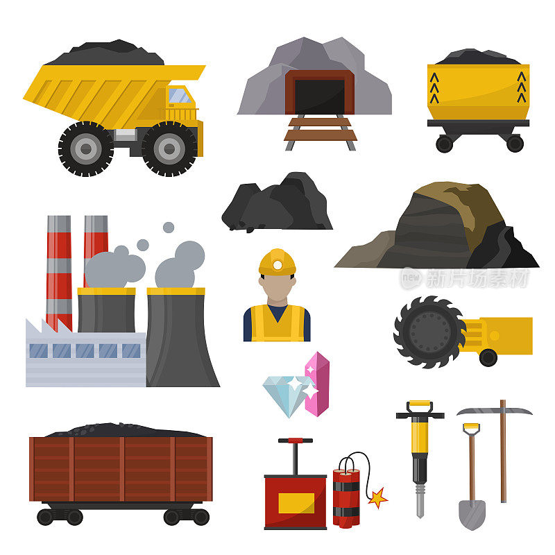 采煤、生产、开采、重工业、煤矿、井下作业、运输矢量图