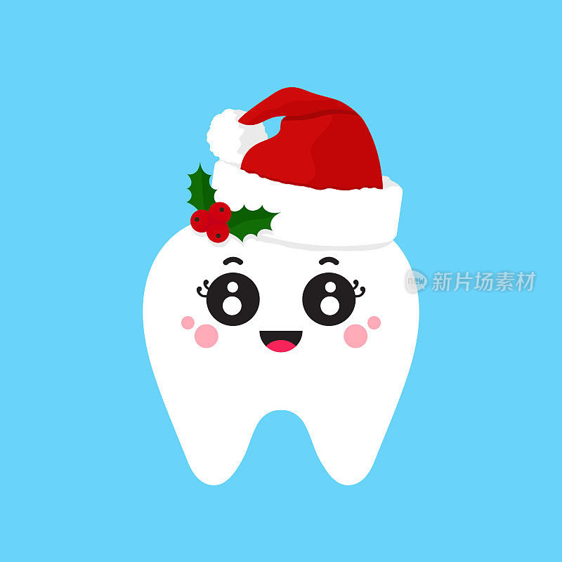 可爱的牙齿在圣诞老人的帽子装饰与冬青枝。