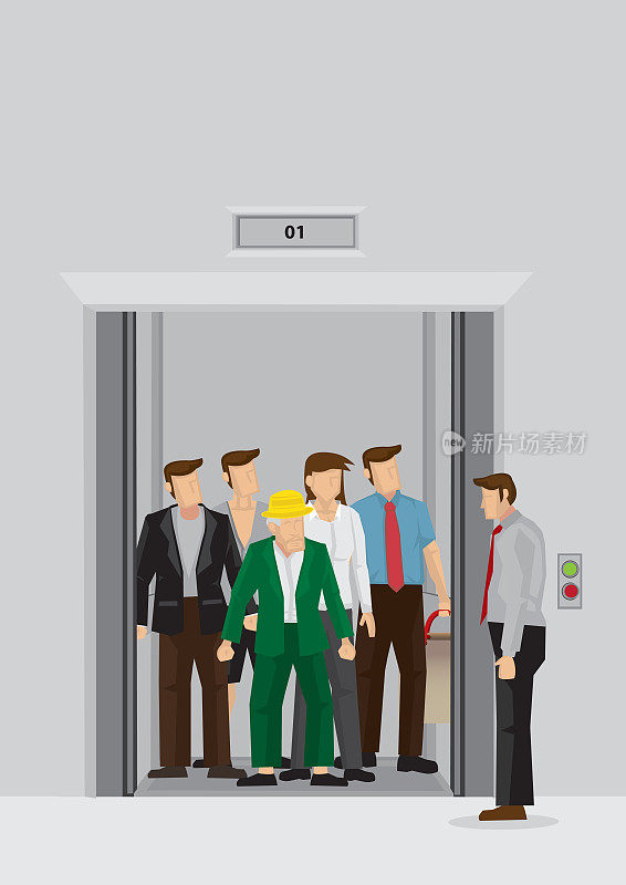 早上人群在办公室电梯大堂矢量插图