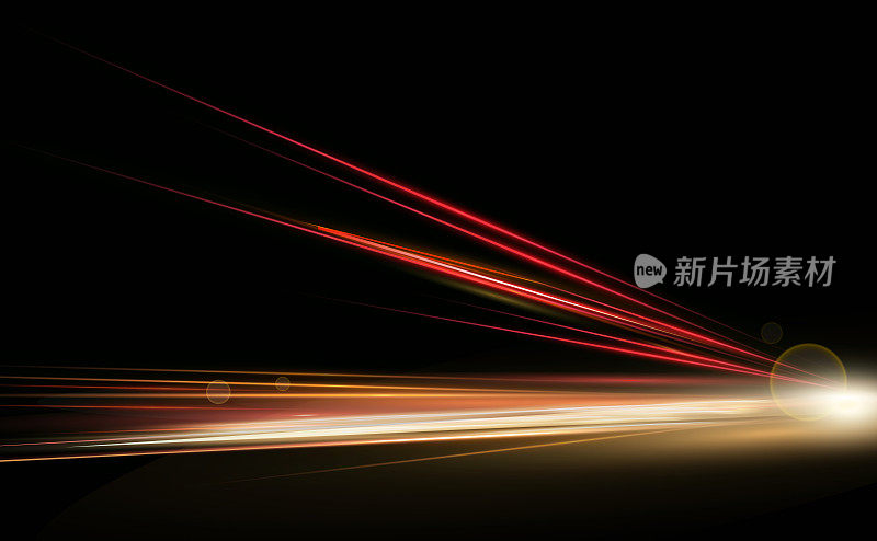矢量图模拟高速车灯在夜间长曝光交通。一个方向上的动态灯光。