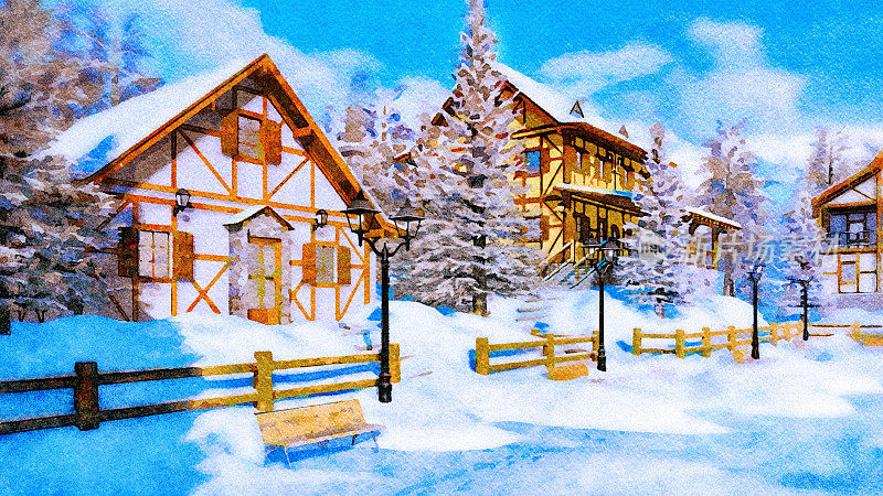 白雪覆盖的村庄在冬天的一天在水彩画