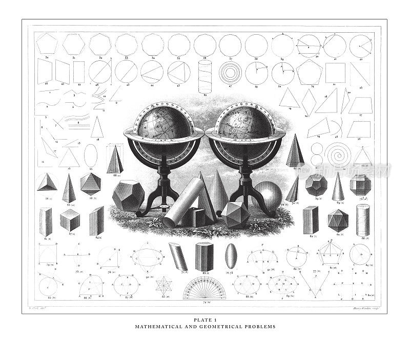 数学和几何问题雕刻古董插图，出版于1851年