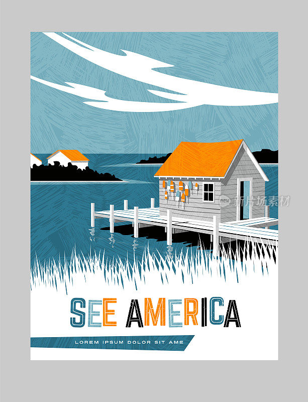 复古风格的美国旅游海报设计。东海岸船坞的一般形象。