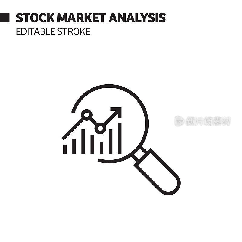 股票市场分析线图标，轮廓向量符号插图。像素完美