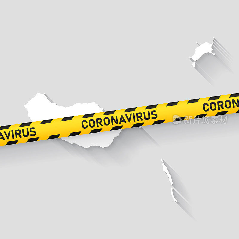 马德拉群岛地图与冠状病毒警告胶带。Covid-19爆发