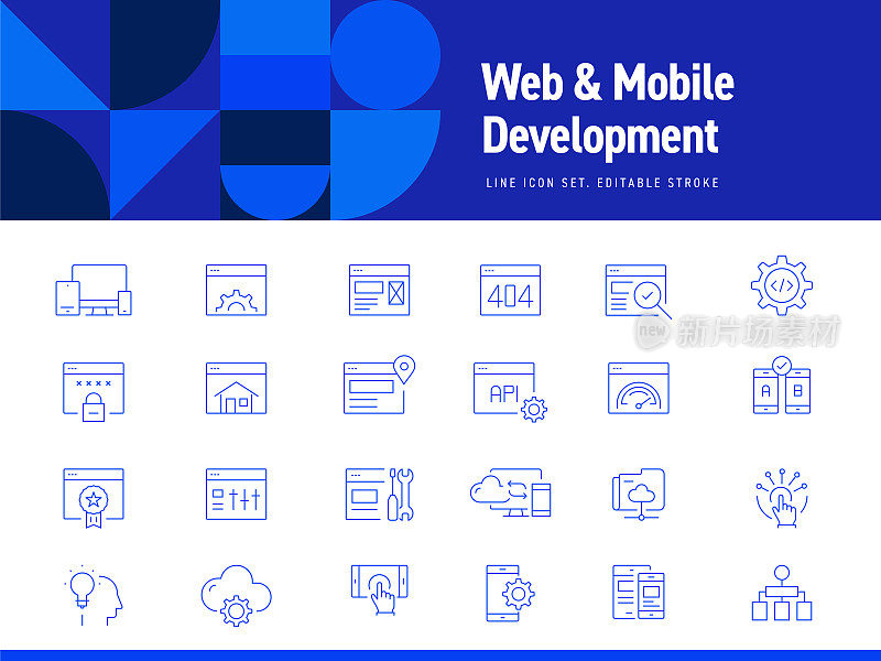 一套Web开发和移动技术相关的线图标。可编辑的中风。简单的轮廓图标。