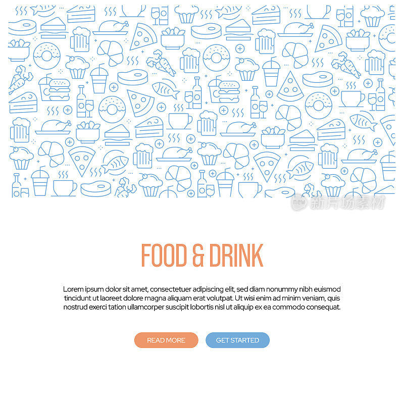 食品和饮料相关的横幅设计与模式。现代线条风格图标矢量插图