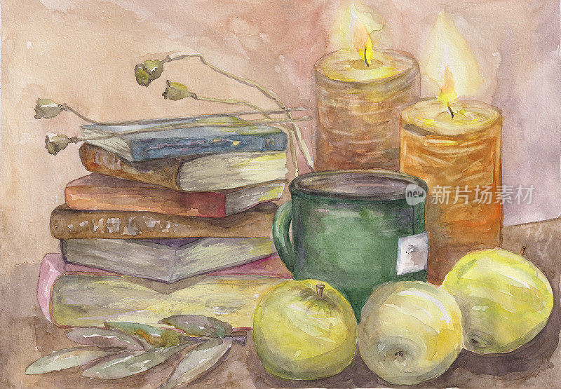 静物书，两根燃烧的蜡烛，一大杯茶和苹果。手绘水彩插图。图片用于海报，日历，封面和书
