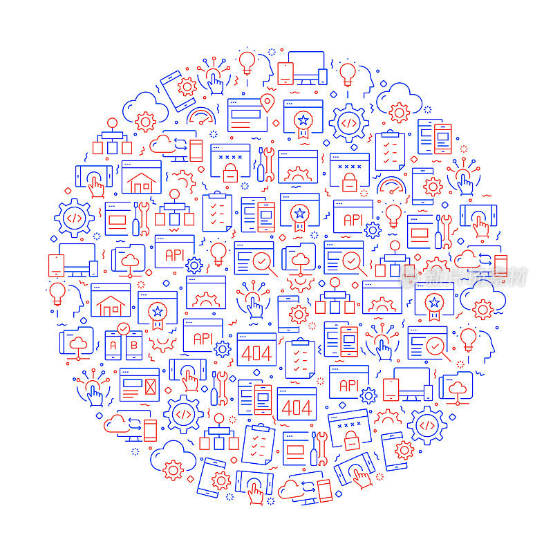 与Web和移动开发相关的图标模式。现代线条风格矢量插图