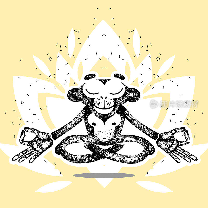 猴子坐在莲花的位置，保持平静，冥想，悬浮。复古矢量插图的复古风格。用于海报、印刷、t恤、纹身。