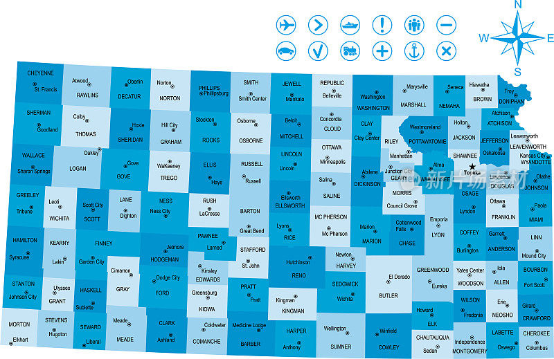 堪萨斯地图与图标和键