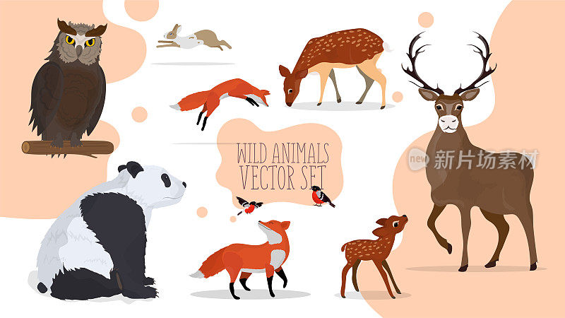 一群野生动物。猫头鹰，鹿，狐狸，熊猫，野兔。向量。