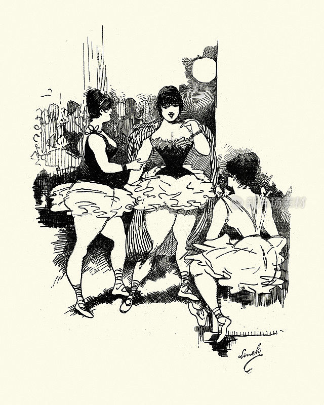 19世纪维多利亚时期的一场表演前，芭蕾舞者在后台表演女郎