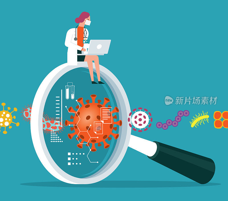 带病毒的放大镜插图-女医生